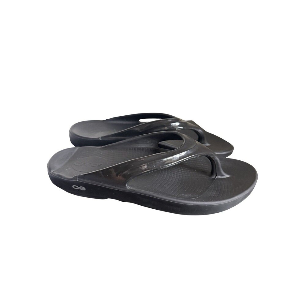 OOFOS OOlala Black Glossy Strap Flip Flops W10 Women’s SZ 10